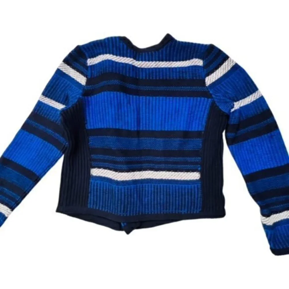 LOFT Womens Striped SOFT Knit MOTO Jacket Asymmetrical Zip Blue Black CITY‎ EUC